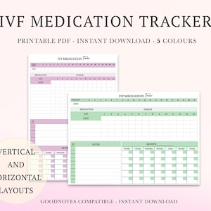 Könnte beinhalten: Druckbarer IVF-Medikations-Tracker in Rosa und Grün. Das Design umfasst vertikale und horizontale Layouts mit Abschnitten für Medikamente, Dosierung und Datum. Der Text auf dem Bild lautet "IVF Medication Tracker" und "Goodnotes Compatible - Instant Download."