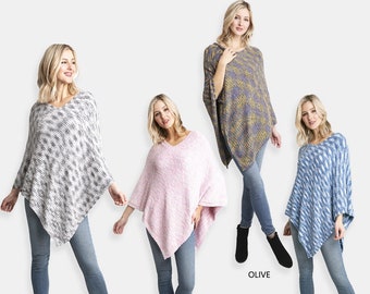 P/S Its Back! Women's Multi-Colored Luxury Soft Poncho w/ ribbed edges·Wrap·Shawl·Ponchos·Cape·Blanket·Sweater·Cardigan·Ruana·ComfyLuxe