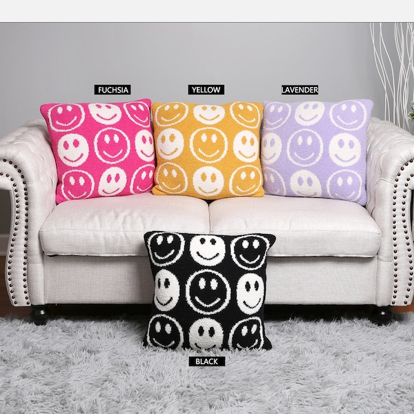 P/S New! Happy Face Print Cushion Cover! Luxury Soft Couch Pillow Cover·Cozy·Fits 18x18 & 20x20·ComfyLuxe