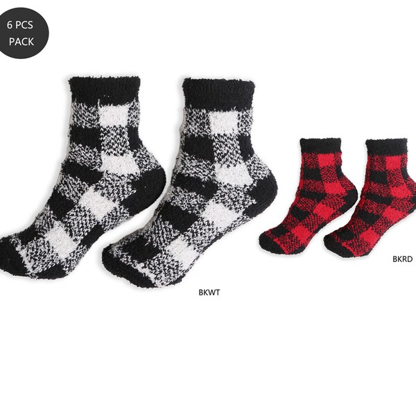 P/S 6 pairs Pack! Buffalo Plaid/Checker Fuzzy/Soft/Cozy Mini-Crew Socks·Sleeping·Fuzzy·Fluffy·Warm·Slipper Socks·ComfyLuxe