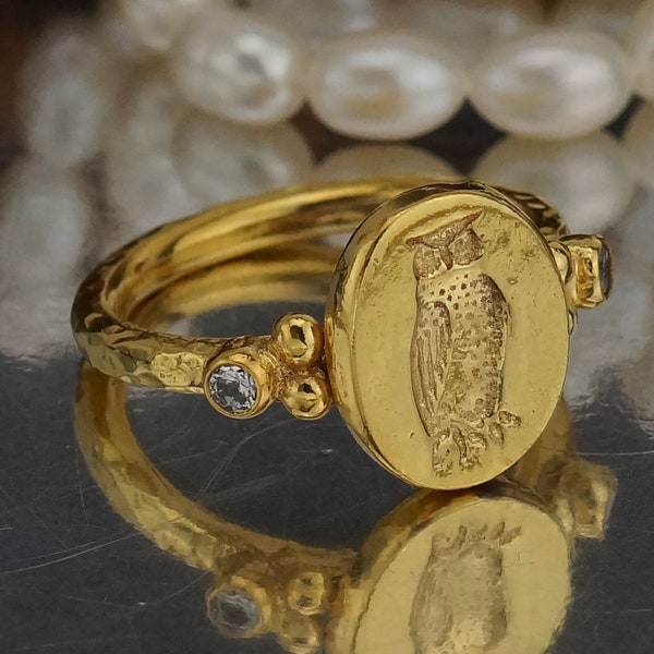 Sultan Athena Owl Coin Signet Ring | 24K Gold Plated 925 k Sterling Silver | Greek Owl Coin Ring | Roman Art Jewelry | Dainty | Elegant Ring
