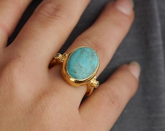 Sultan Sterling Silver Turquoise Large Oval Ring - Blue Gemstone December Birthstone Ring - 925 Sterling Silver Rings for Women Statement