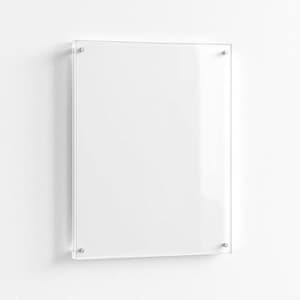 May include: A clear acrylic picture frame with four silver-colored mounting screws. The frame is rectangular and mounted on a white wall. The frame is designed to display photos or artwork.