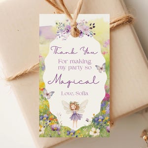 Printable Purple fairy magic garden birthday favor tag, Editable fairy favor tag, Magic garden favor tags