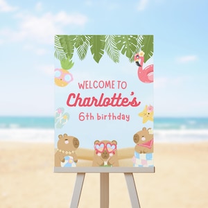 Bearbeitbares Capybara Geburtstag Willkommensschild, Capybara Party Willkommensschild zum Ausdrucken, Mädchen Capybara Sommerparty Schild Vorlage
