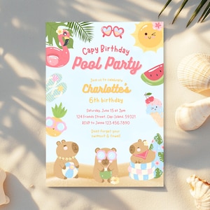 Capybara Pool Party Invitation Editable Canva Template, Summer capybara invitation, Capybara party, Capy birthday, cute capybara party