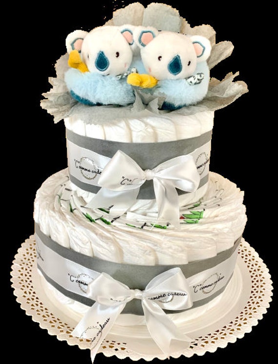 Coffret Baby Shower Gâteau De Couches Et Chaussons - Cadeau Naissance Original - 60 Couches Taille 2 - Idée Cadeau Baby Shower