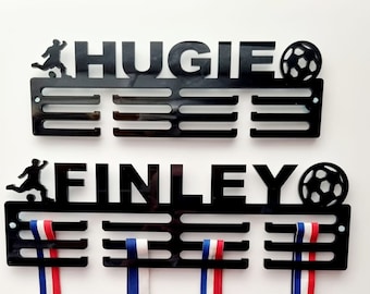 Personalised Medal Hanger Medal Holder Wall Display Rack Football Player Name and Ball Soccer Any Name 3 tier 2 sizes 30cm or 36cm wide