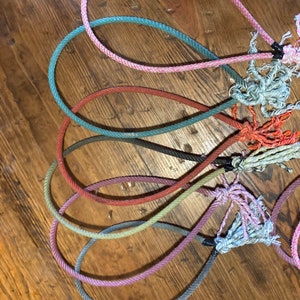 Puede incluir: Una colección de correas de cuerda coloridas en varios tonos, incluyendo rosa, azul, rojo y verde. Cada correa está en bucle y anudada en un extremo, con detalles de cuerda deshilachada. Las correas están dispuestas sobre una superficie de madera.