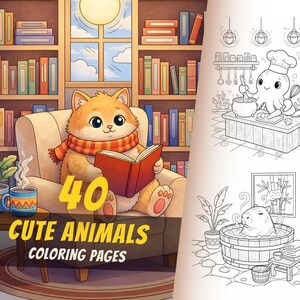 May include: A coloring book cover with the text "40 Cute Animals Coloring Pages." The image features a cartoon cat reading a book in a chair, with a bookshelf in the background. Additional illustrations of animals are included.