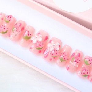 Strawberry pink fruit cute summer nail press on/ False acrylic extension/ Handmade nails