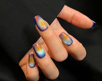 Uñas postizas Aurora ojo de gato / Uñas cuadradas cortas de acrílico almendrado hechas a mano