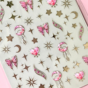 Sailor moom Magic moon nail sticker decal/ Cute gold foil pink nail art/ Butterfly heart star moon magic concept