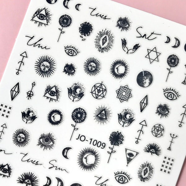 Sticker pour ongles gothique sorcière Tarot / Sticker pour ongles soleil lune / magie noire / yeux soleil lune / colle pour ongles