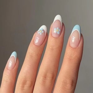 Blue Floral French almond Press on/ False acrylic nails press on extension/ Handmade