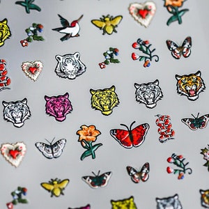 Tiger Snake Tattoo Nail Art Sticker Decal/ Flower Heart Bird Butterfly Nail Tattoo/ Retro Rock Cool Style/ 5D embossed/ Nail Adhesive