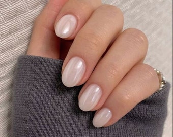 White pearl extra short almond coffin round nail press on/ False acrylic nails extension / Hailey bieber/Mother's day gift