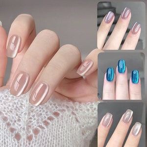 Uñas postizas de acrílico con diseño de ojo de gato rosa brillante, hechas a mano imagen 2