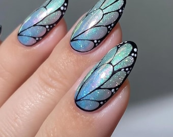 Uñas ovaladas de mariposa azul, uñas postizas acrílicas hechas a mano