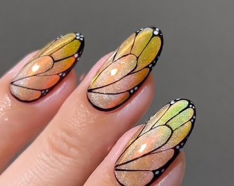 Uñas ovaladas con diseño de mariposa y atardecer, uñas postizas acrílicas hechas a mano