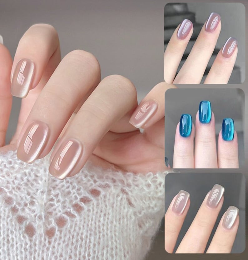 Uñas postizas de acrílico con diseño de ojo de gato rosa brillante, hechas a mano imagen 2