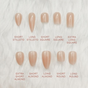 May include: A collection of ten nude-colored press-on nail tips in various shapes and lengths, labeled as Short Stiletto, Long Stiletto, Short Square, Long Square, Extra Long Square, Extra Short Almond, Short Almond, Long Almond, Short Round, and Long Round.