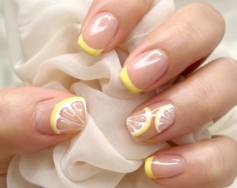 Uñas postizas cortas cuadradas de color limón para primavera y verano / Acrílico falso hecho a mano
