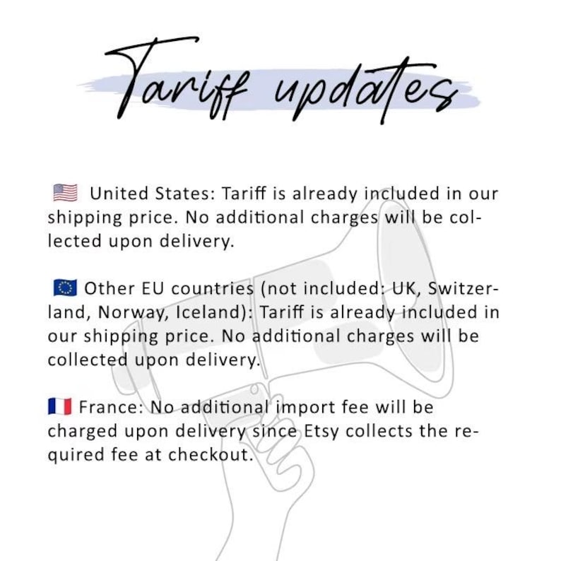 May include: An informational graphic titled Tariff updates featuring a line-art illustration of a megaphone. The text outlines tariff policies for the United States, EU countries, and France, stating that fees are included or collected at checkout.