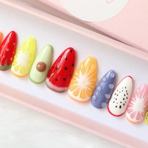 Fruit summer lemon kiwi grapes watermelon almond nail press on/ False acrylic handmade