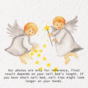May include: A watercolor illustration of two angels with orange hair and grey robes. One angel holds a star-tipped wand, scattering yellow stars. Text reads: Our photos are only for reference, final result depends on your nail bed's length. If you have short nail bed, nail tips might look longer on your hands.