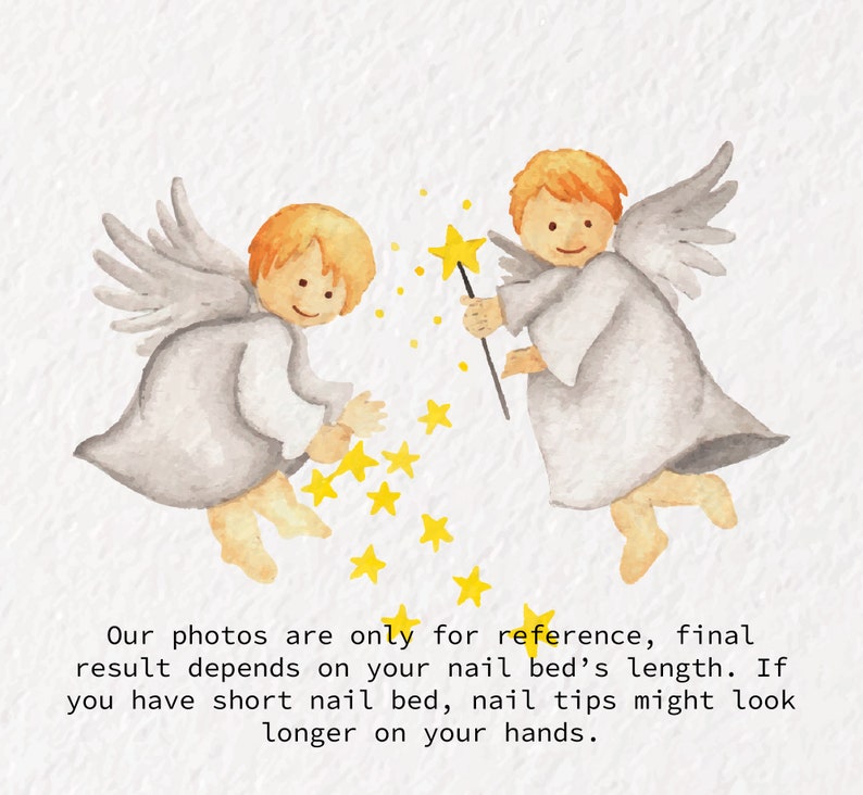 May include: A watercolor illustration of two angels with orange hair and grey robes. One angel holds a star-tipped wand, scattering yellow stars. Text reads: Our photos are only for reference, final result depends on your nail bed's length. If you have short nail bed, nail tips might look longer on your hands.