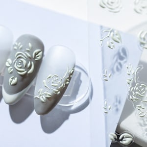 White rose nail sticker decal/ Flower 3D embossed/ Wedding Bride Bridesmaid/ Christmas DIY