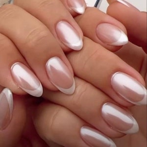 Pearl Glossy French Bridal Wedding almond coffin press on/ False acrylic nails extension/ Handmade nails