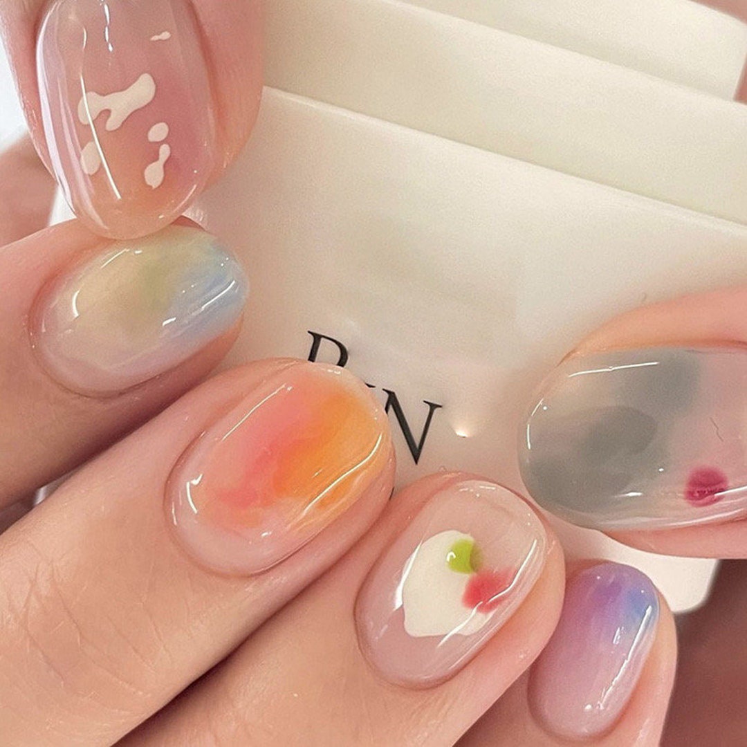 colorful_nails୨୧⋆* Rainbow Colorful Round Nail Press On/ False Nails Extension