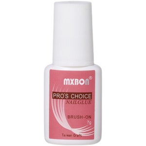 May include: A white plastic bottle of MXBON Pro's Choice nail glue with a white screw-on cap. The label is pink with white text reading MXBON, PRO'S CHOICE, NAILGLUE, BRUSH-ON, 7g, and Taiwan Craft, featuring a white curved graphic design.