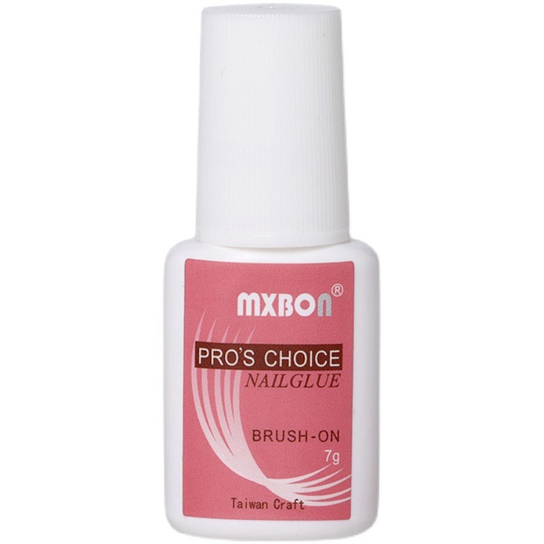 May include: A white plastic bottle of MXBON Pro's Choice nail glue with a white screw-on cap. The label is pink with white text reading MXBON, PRO'S CHOICE, NAILGLUE, BRUSH-ON, 7g, and Taiwan Craft, featuring a white curved graphic design.