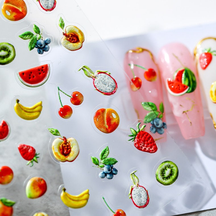 Fruit Nail Sticker/ Embossed 5D art decal/ Summer beach Cheery peach strawberry Adhesive