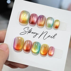Rainbow cat eye colorful short oval nail press on/ False acrylic extension/ Handmade