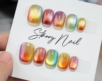 Regenboogkleurige korte ovale nagelpers/nep acryl handgemaakt