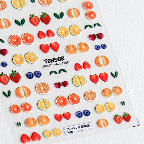 Fruit Nail Sticker/ Embossed 5D nail art decal/ Cheery peach strawberry nail/ Nail Adhesive/Mother's day gift