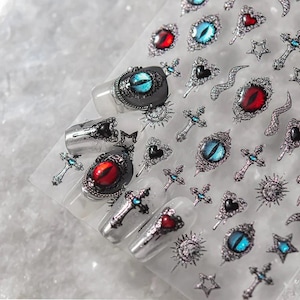 Evil eyes cross gothic silver nail decal /Heavy metal nail sticker/ Self Adhesive/