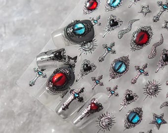 Evil eyes cross nail sticker decal /Silver metal Self Adhesive DIY