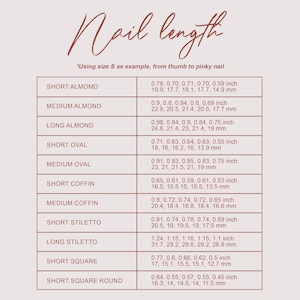 Puede incluir: Un gr&aacute;fico que muestra las medidas de longitud de las u&ntilde;as en pulgadas y mil&iacute;metros para varias formas de u&ntilde;as, incluyendo almendra, ovalada, ata&uacute;d, estileto y cuadrada. El texto "Nail length" est&aacute; en la parte superior.