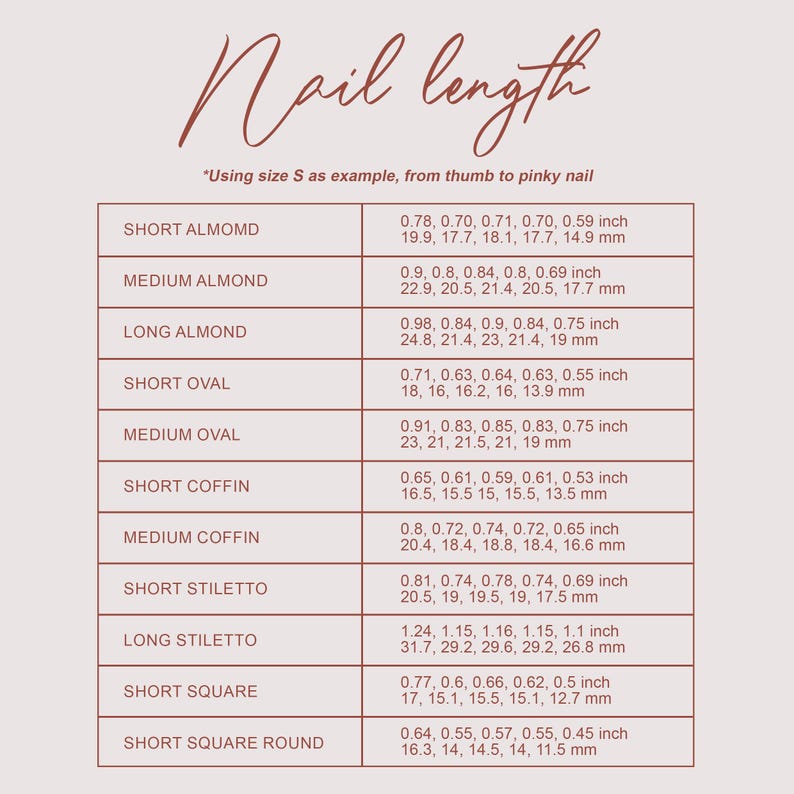 Puede incluir: Un gr&aacute;fico que muestra las medidas de longitud de las u&ntilde;as en pulgadas y mil&iacute;metros para varias formas de u&ntilde;as, incluyendo almendra, ovalada, ata&uacute;d, estileto y cuadrada. El texto "Nail length" est&aacute; en la parte superior.