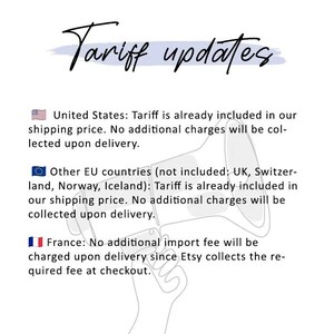 May include: An informational graphic titled Tariff updates featuring a line-art illustration of a megaphone. The text outlines tariff policies for the United States, EU countries, and France, stating that fees are included or collected at checkout.