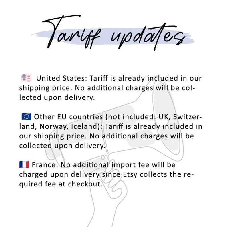 May include: An informational graphic titled Tariff updates featuring a line-art illustration of a megaphone. The text outlines tariff policies for the United States, EU countries, and France, stating that fees are included or collected at checkout.