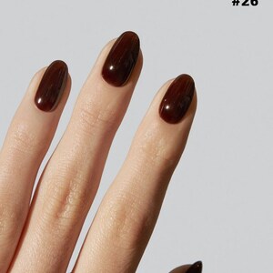 May include: Three fingernails shaped in an oval style, each coated in a glossy, deep dark brown nail polish. The nails are displayed against a neutral background, with the text #26 visible in the upper right corner of the frame.