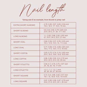 May include: A sizing chart titled Nail length, using size S as example, from thumb to pinky nail. It lists nail shapes including Extra Short Almond, Short Almond, Long Almond, Short Oval, Long Oval, Short Coffin, Long Coffin, Short Stiletto, Long Stiletto, Short Square, and Long Square with measurements in inches and millimeters.
