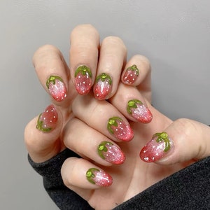 Strawberry fruit summer cat eye nail press on/ False acrylic extension/ Handmade nails