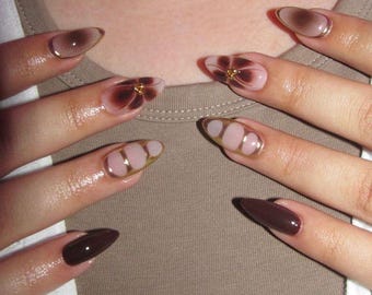 Gold brown flower press on nail/ Fake acrylic handmade